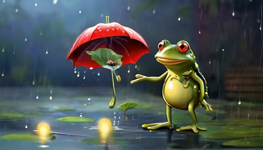 a frog holding an umbrella in the rain