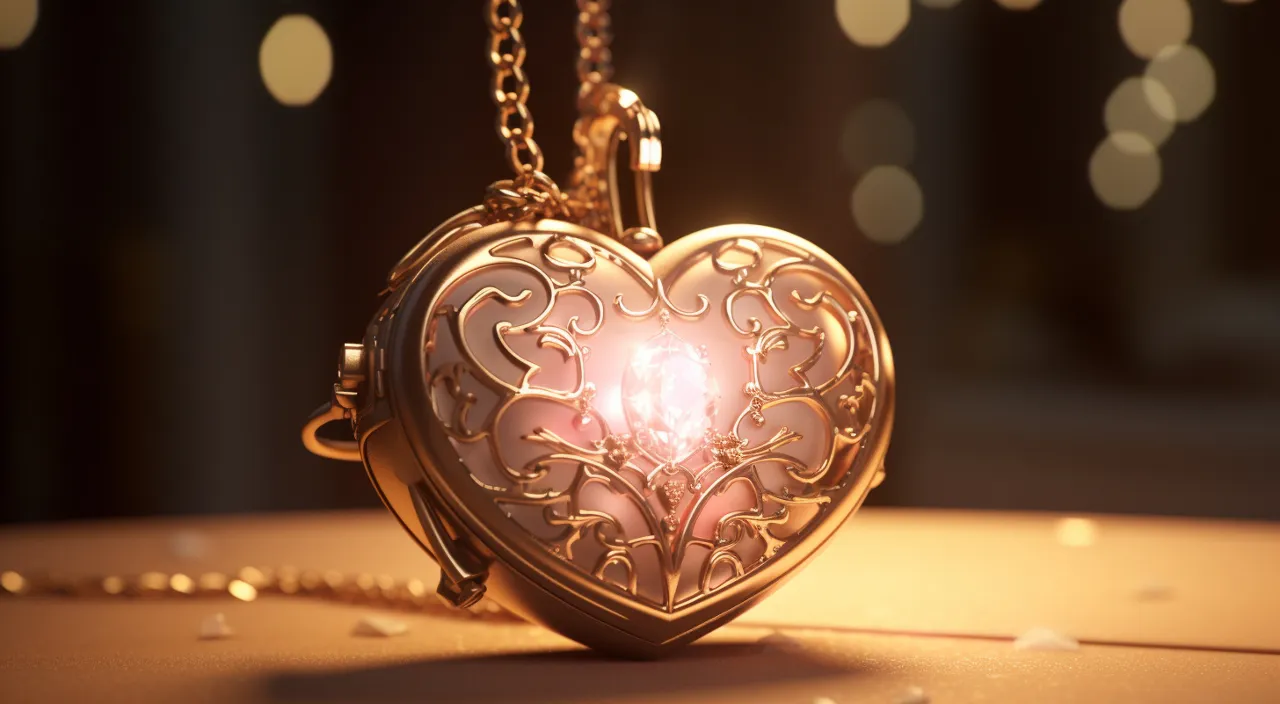 a heart shaped pocket watch sitting on top of a table