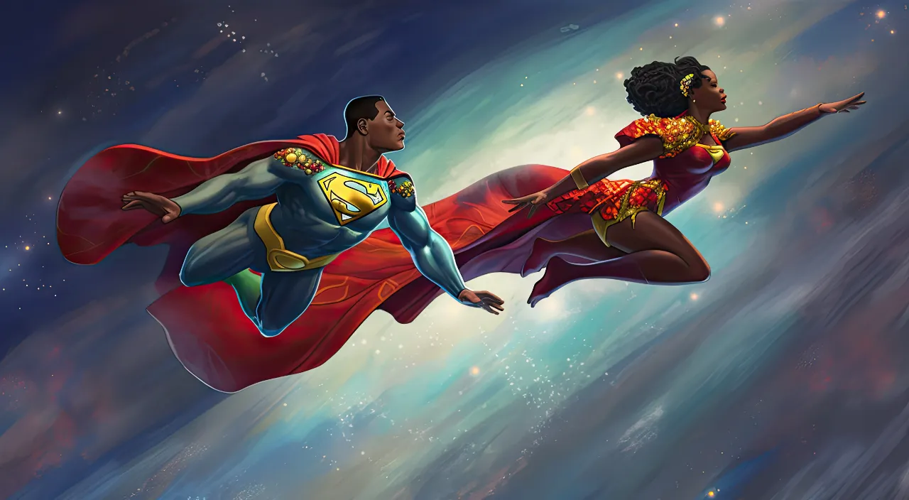 a painting of two people dressed as superman and wonder woman