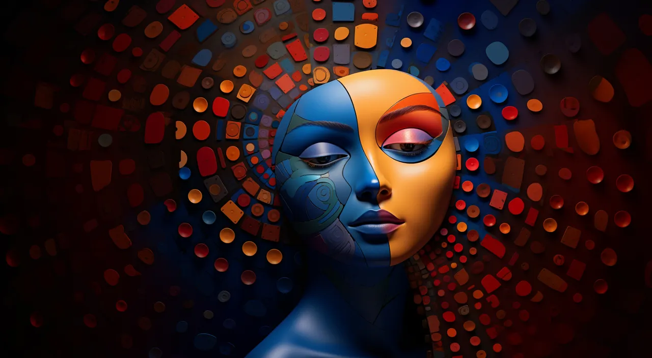 a painting of a woman's face with colorful circles around her