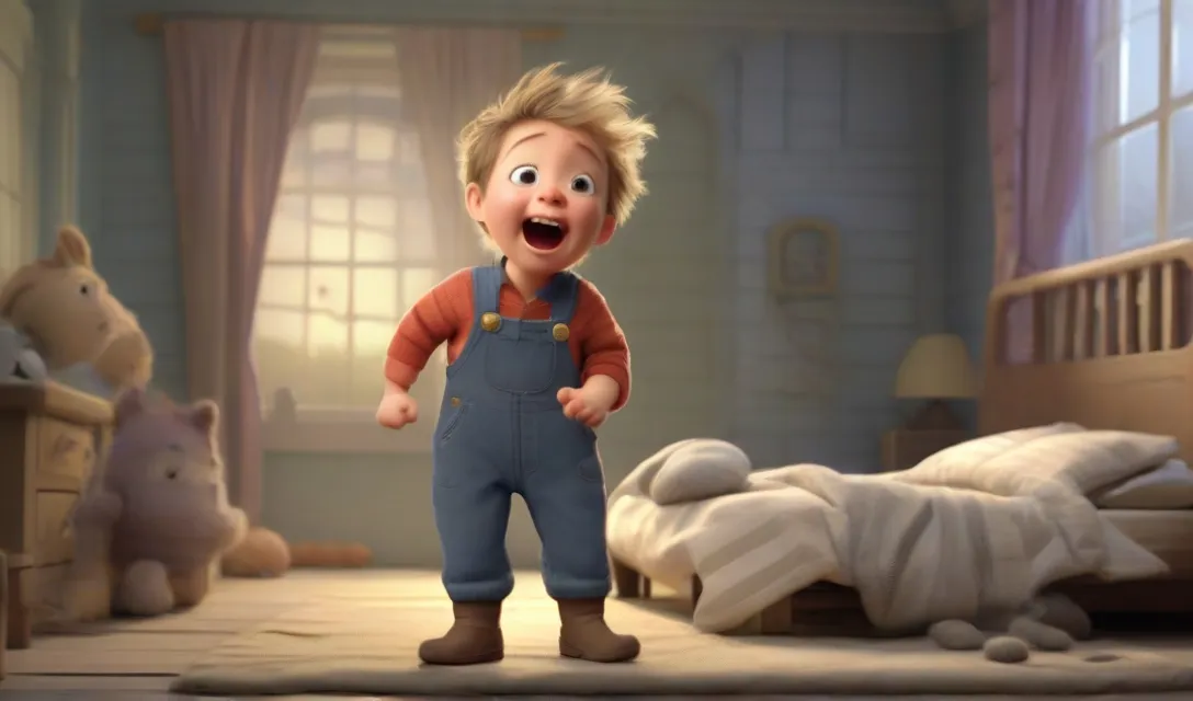 a young boy in overalls standing in a bedroom