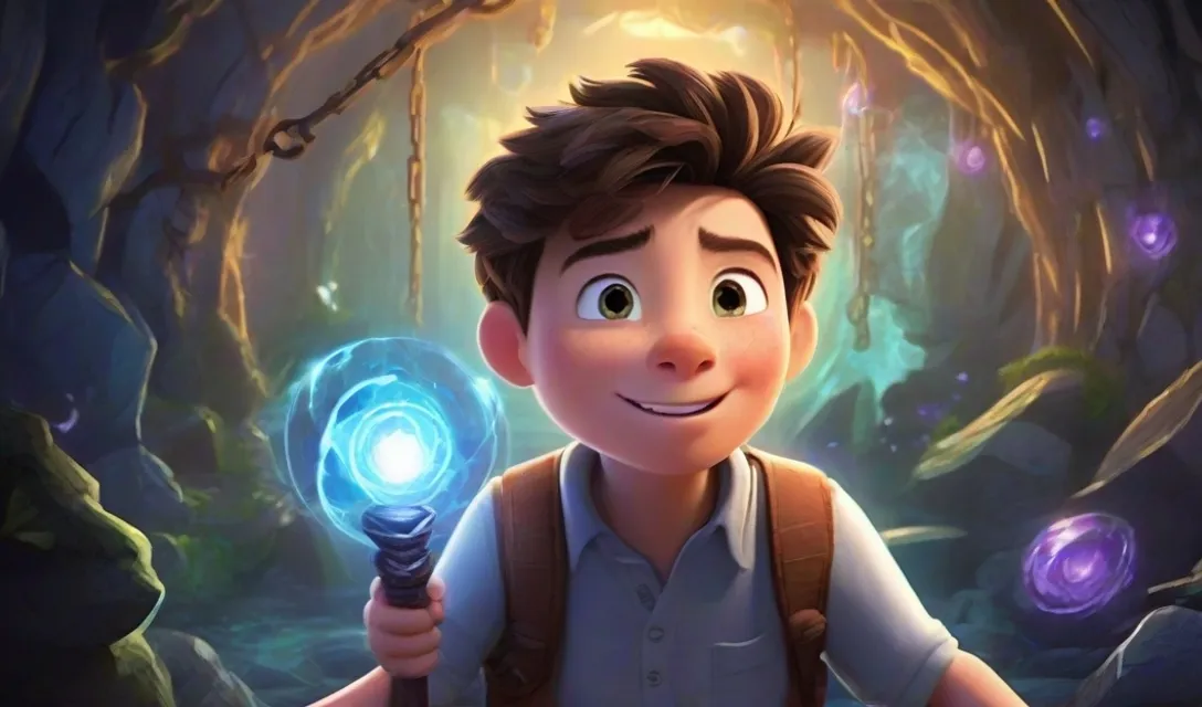 a boy holding a glowing orb in a forest