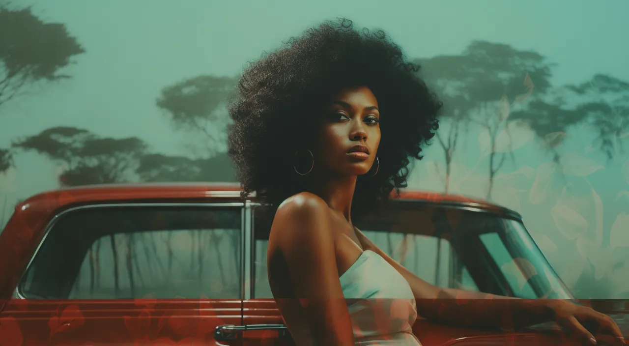 a woman standing next to a red car