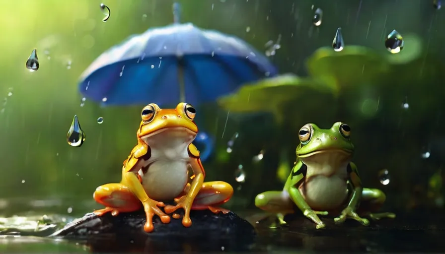 two frogs sitting on a rock in the rain