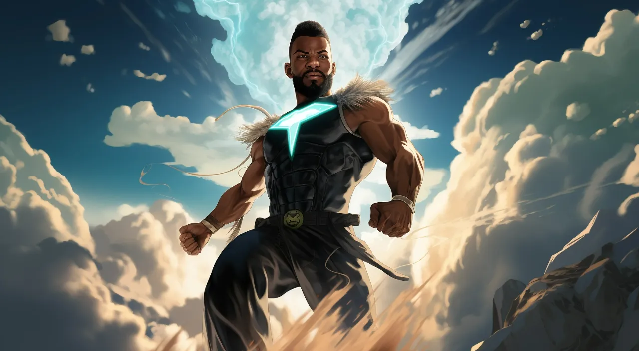 a african american superhero man with a sword standing in the clouds