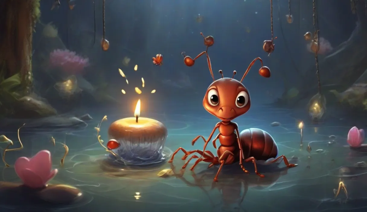 a cartoon ant with a candle in the water