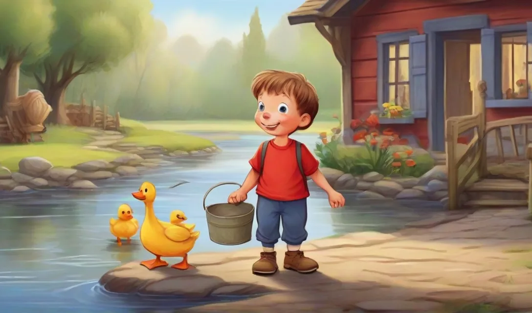 a young boy holding a bucket next to a duck and a duckling