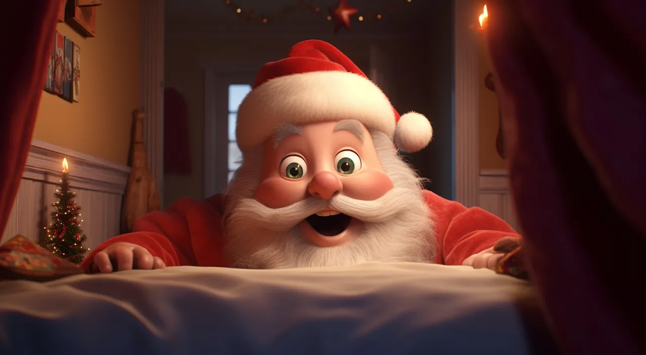 a close up of a santa clause on a bed