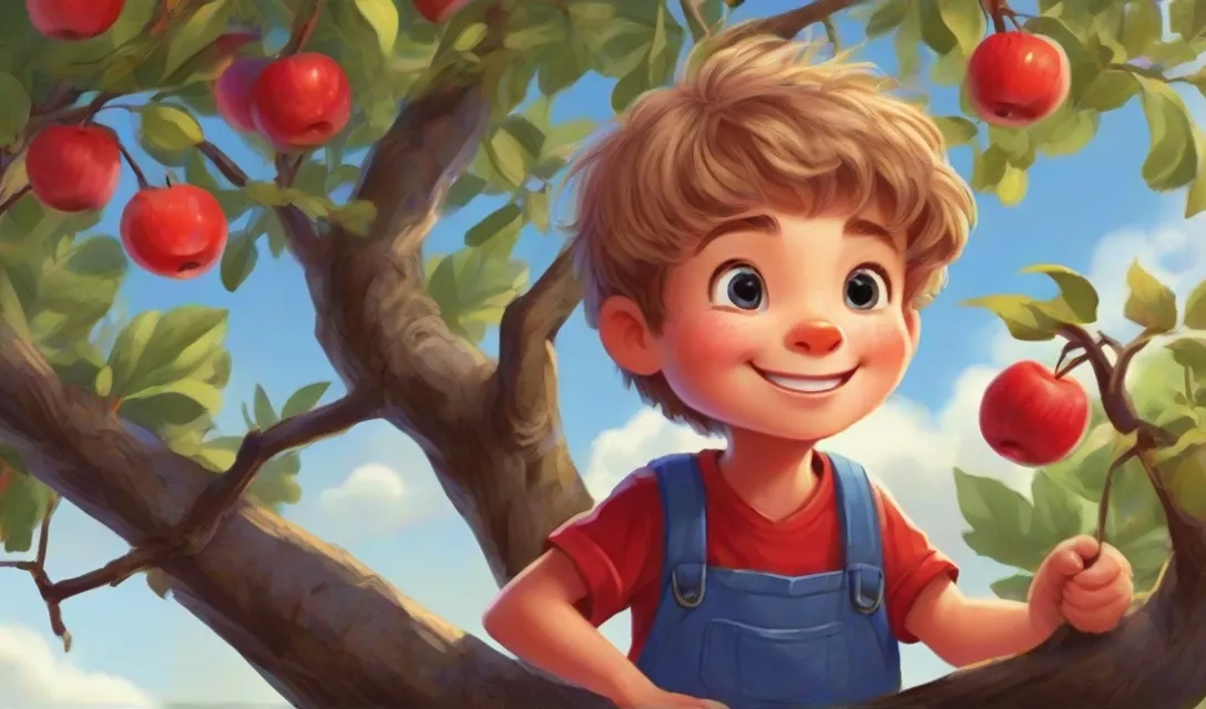 a boy is standing in a tree with apples