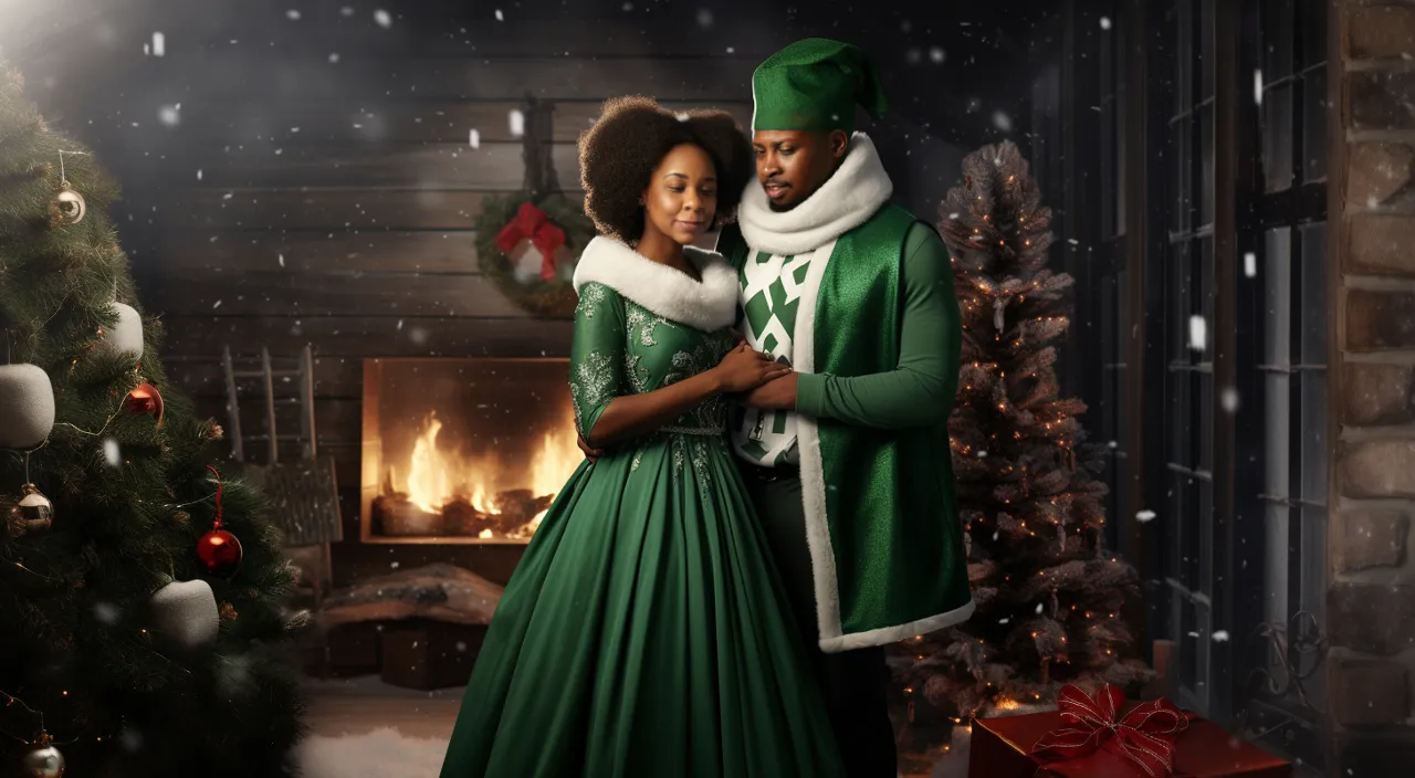 a man and woman dressed in green slow dancing in front of a christmas tree