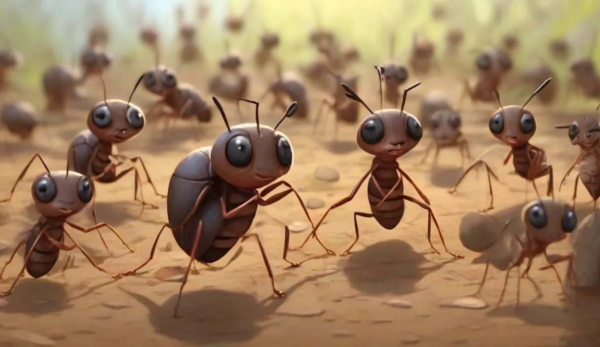 a group of ants standing on top of a sandy ground