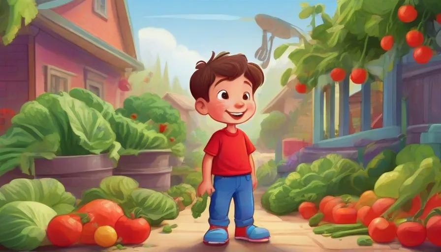 a boy standing in front of a garden full of vegetables