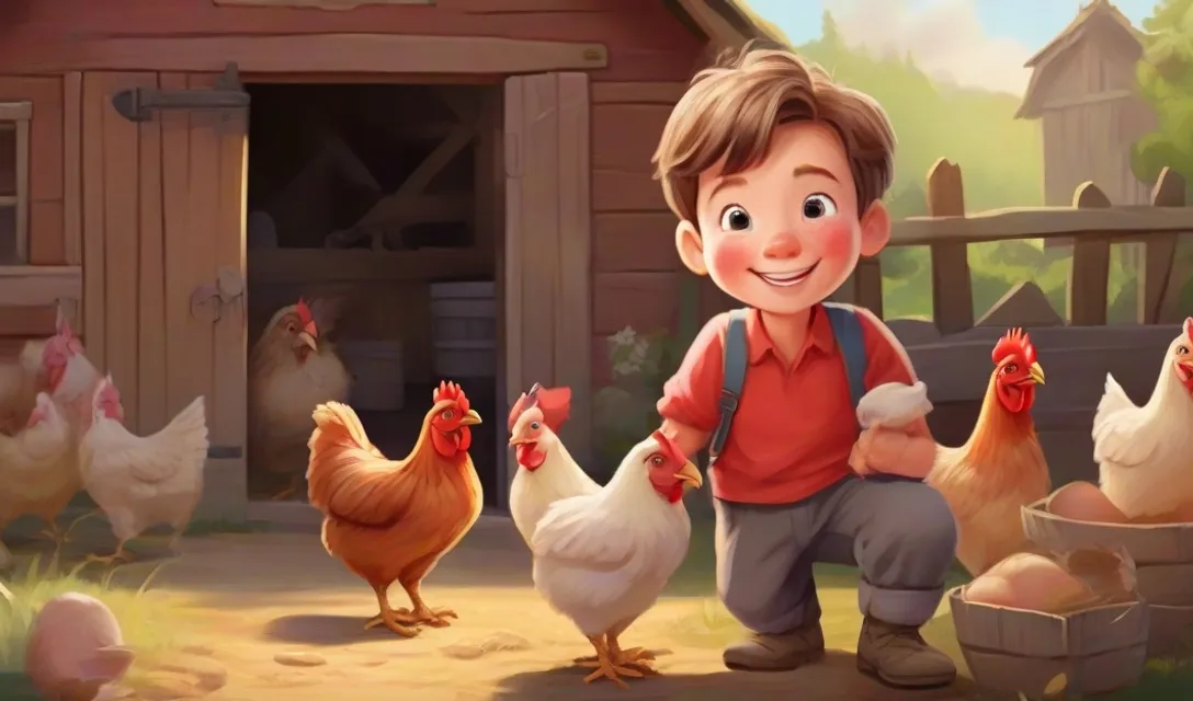 a little boy standing in front of a bunch of chickens