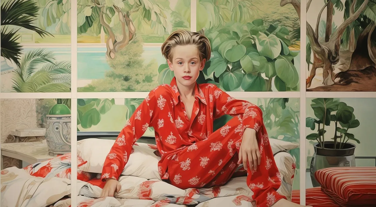 a painting of a mccauley culkin sitting on a bed