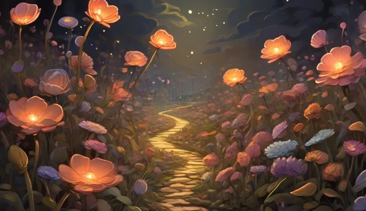 a painting of a path leading through a field of flowers