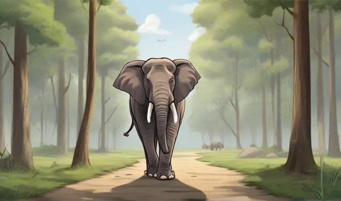 elephant walking in forest road side. cartoon