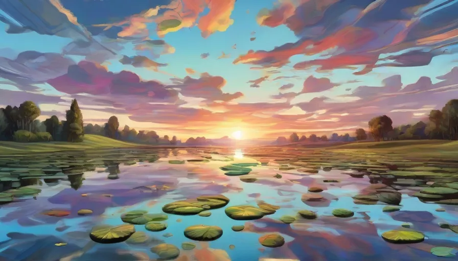 a painting of a beautiful sunset over a lake