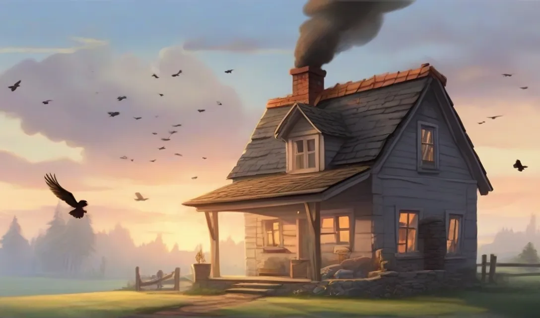 a painting of a house with birds flying around