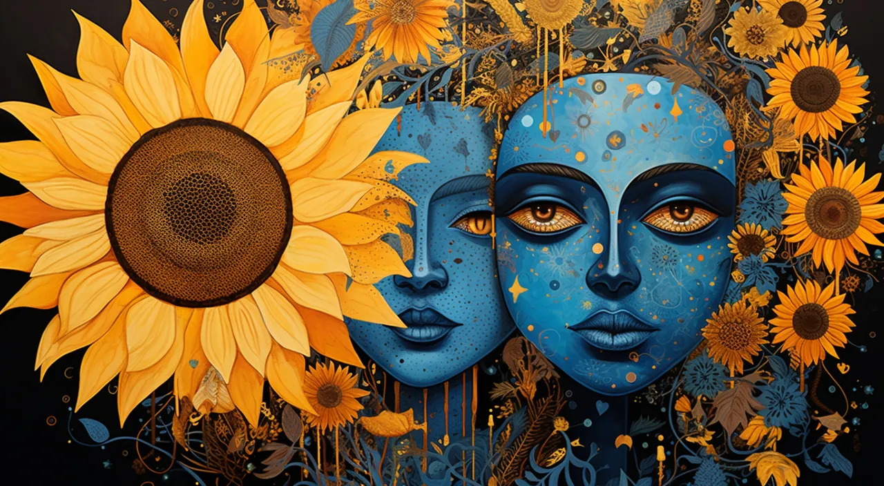 a painting of two faces with sunflowers in front of them