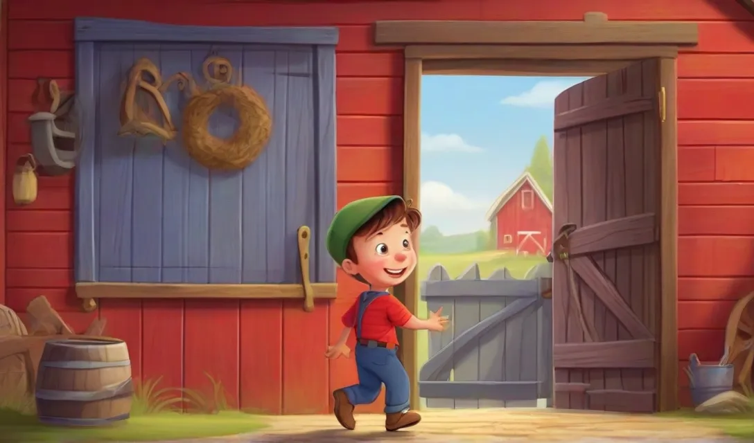 a boy is walking out of a barn