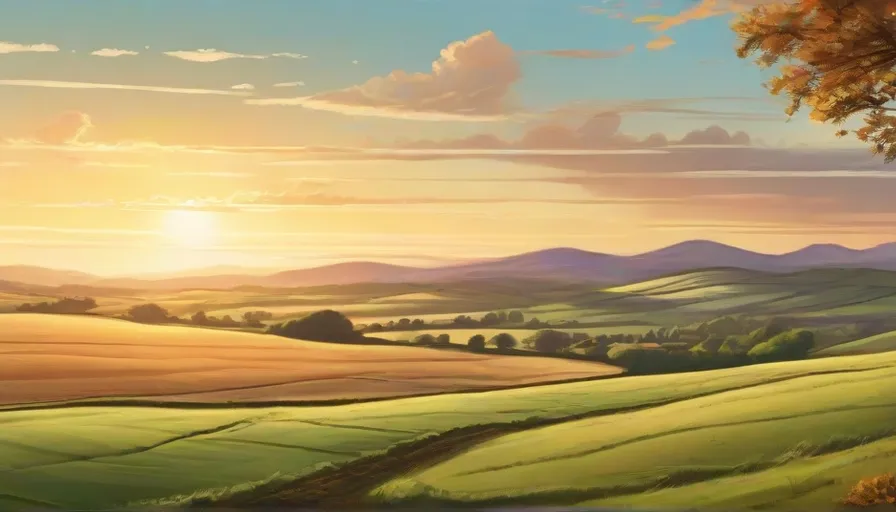 a painting of a sunset over a green field