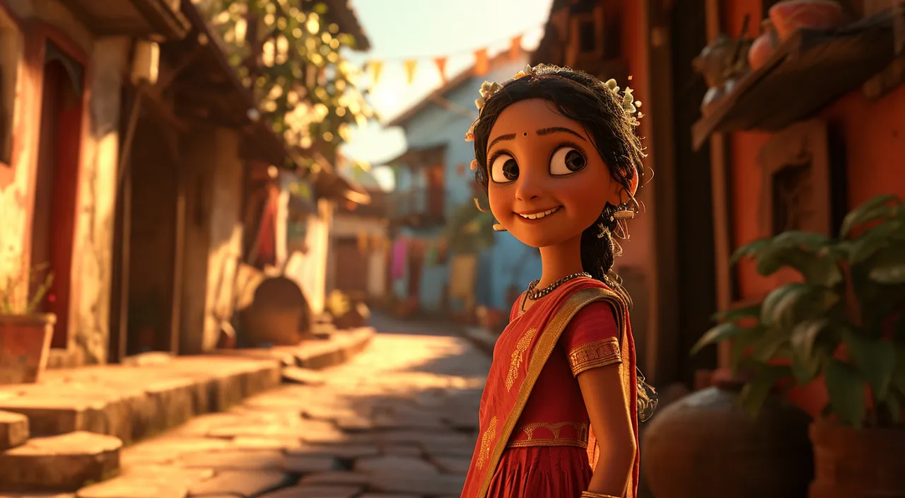 a cartoon girl in a red dress standing on a cobblestone street