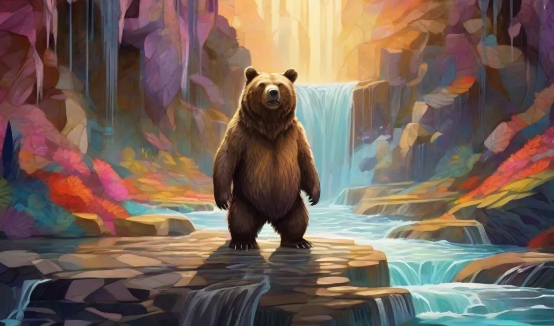 a painting of a bear standing in front of a waterfall