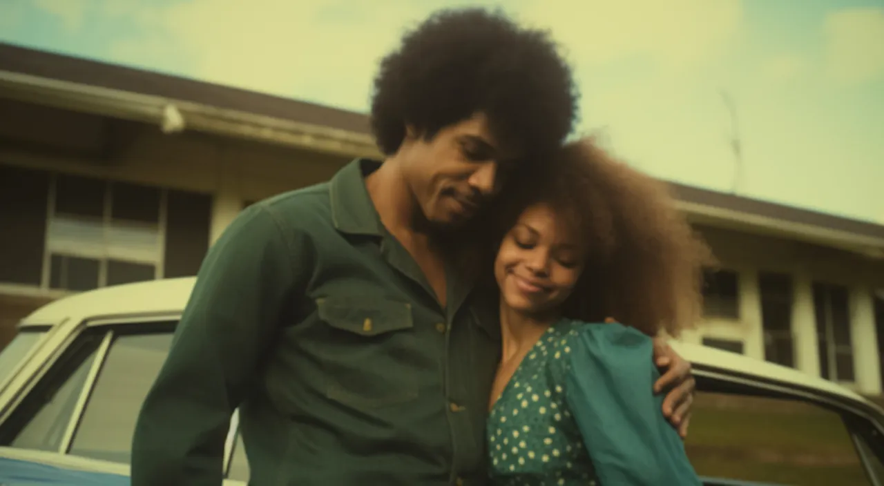 an lite skinned african american couple with afros standing in front of a blue classic chevy car wearing louis vuitton evening wear, at night near a bar