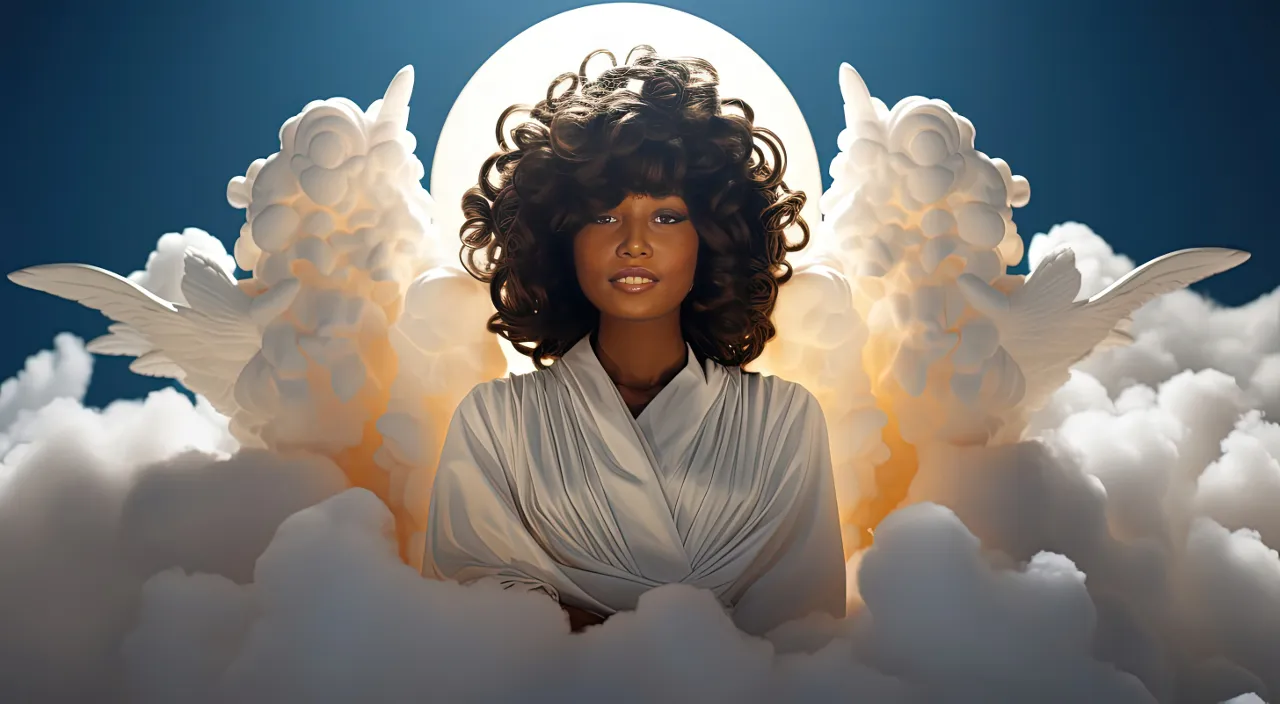 a woman sitting on top of a cloud covered in angel wings