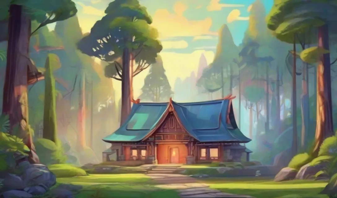 a painting of a house in the middle of a forest