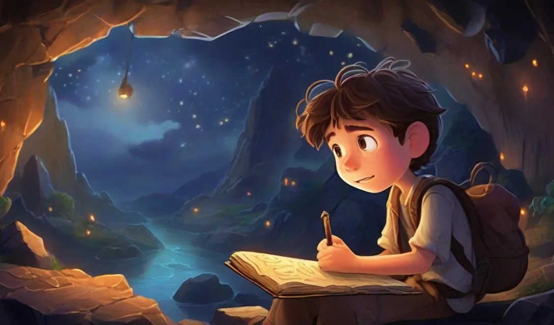 a boy writing in a book in a cave