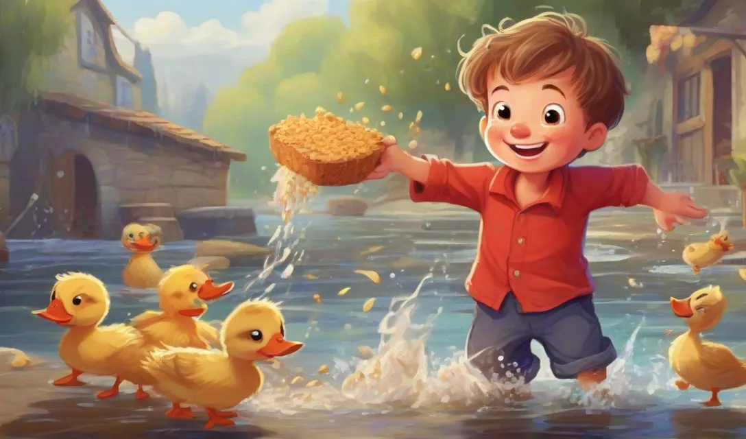 a young boy is playing in the water with ducks