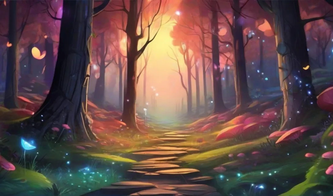 a painting of a path through a forest