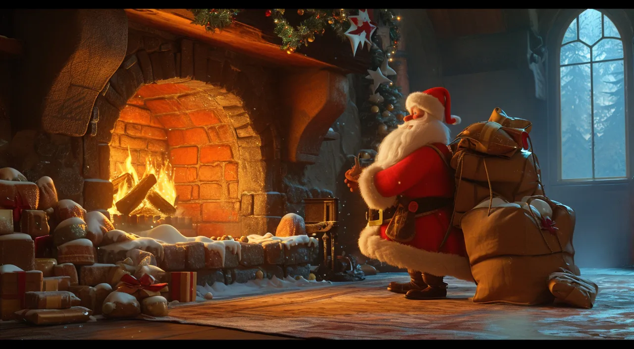 Pixar Animation Style, Wide shot: Santa emerges from the fireplace, jolly and triumphant, bags overflowing with presents. (Warm, inviting)