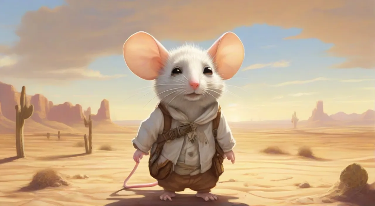 The relentless sun beats down on the vast desert landscape, setting the stage for our curious protagonist, a little white mouse.