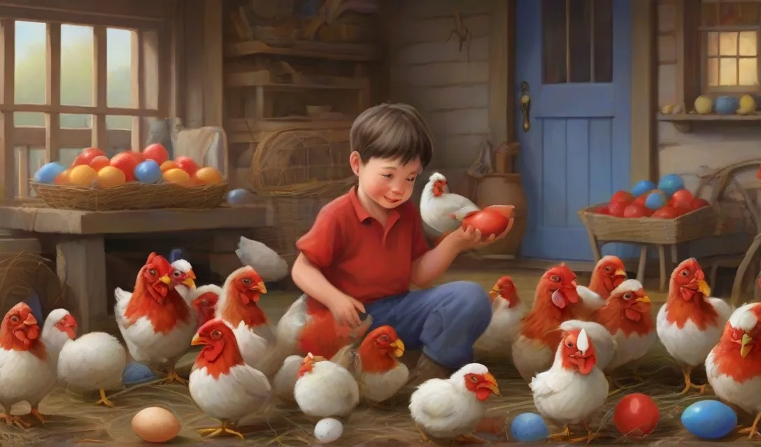 a painting of a boy feeding a bunch of chickens