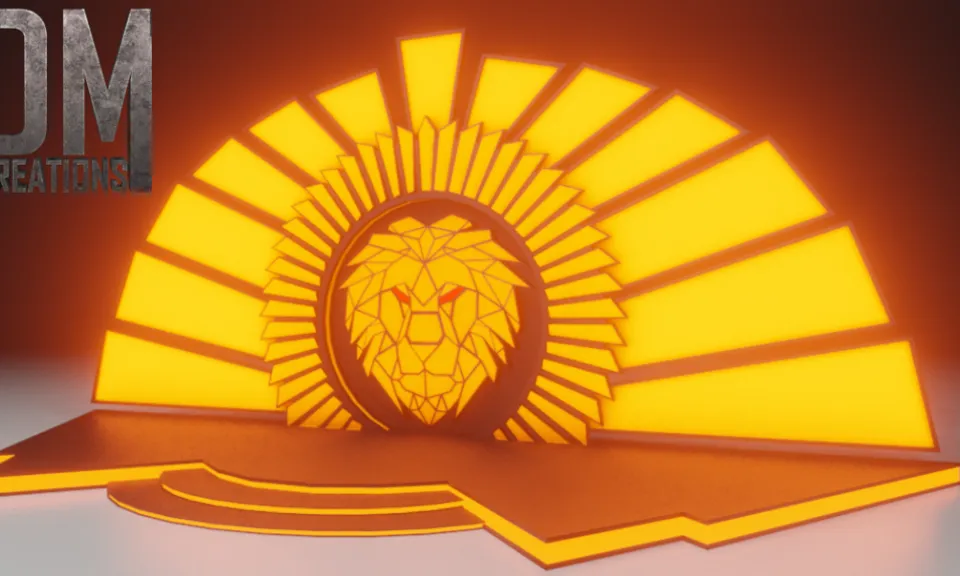 the lion head logo from image 1 rotating and flashing different colors like a Las Vegas sign at night, neon lights, 4:3 aspect ratio