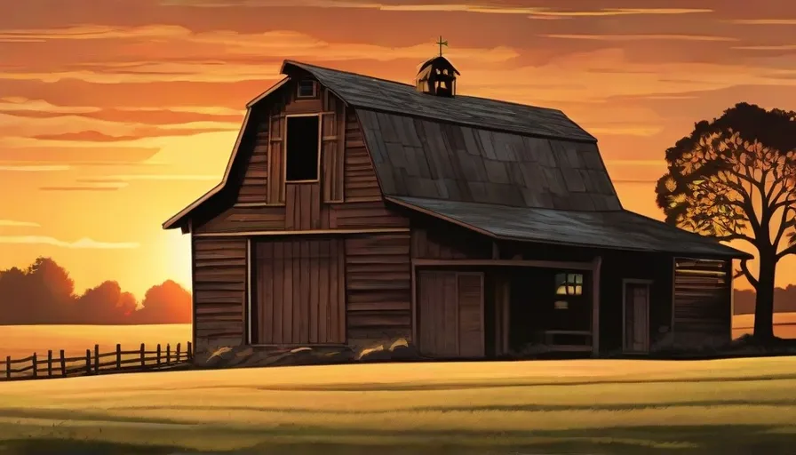 a painting of a barn with a sunset in the background