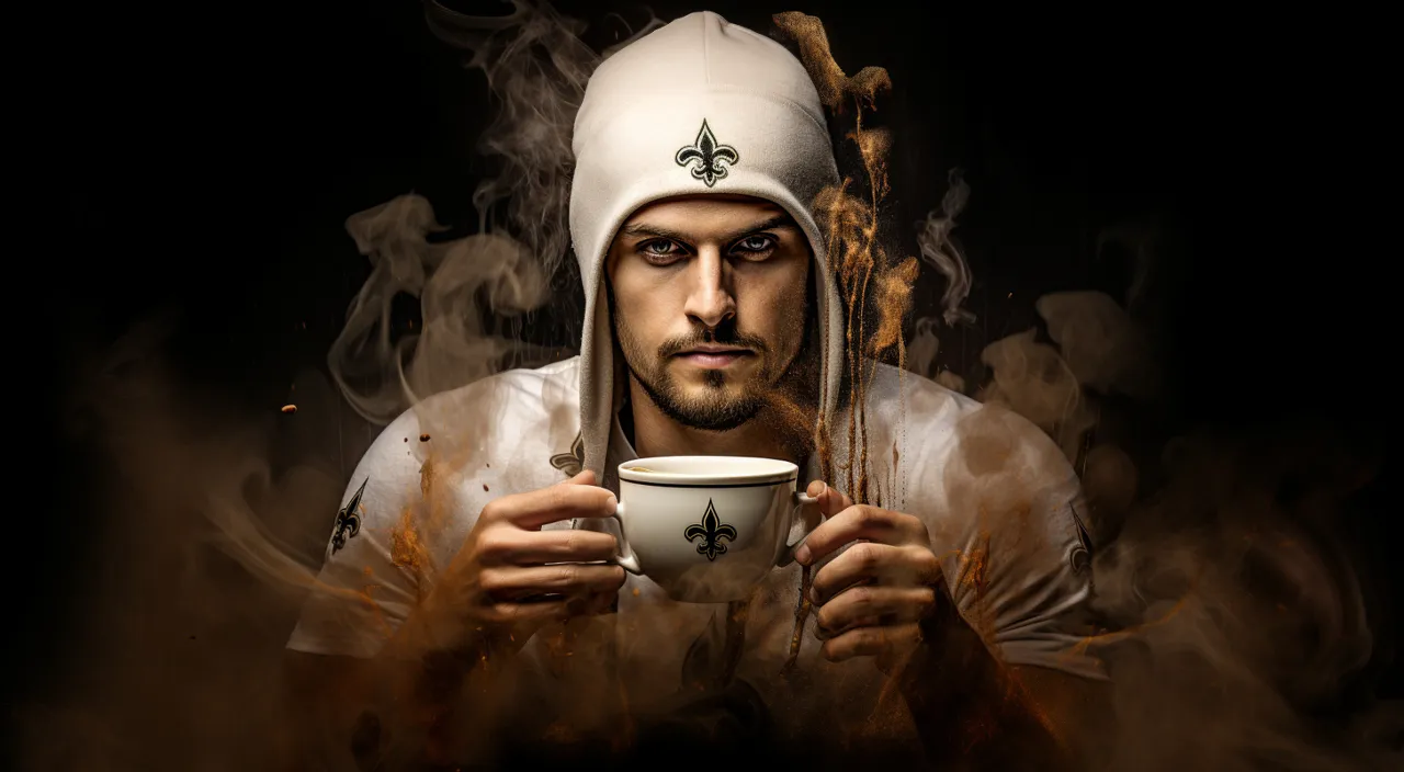 New Orleans saints Derek Carr smoking coffee art, Christmas coffee shop style, captivating portraits, New Orleans Saints logo frenzy, UHD, 32k resolution