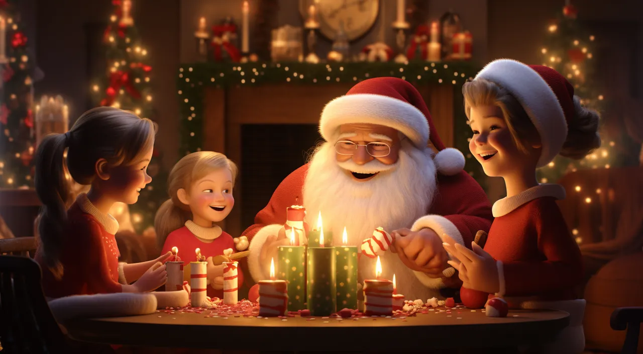 a group of children sitting around a table with a santa clause