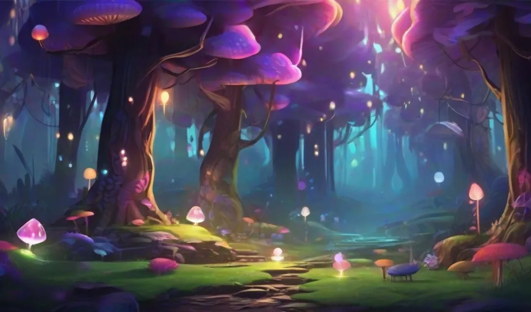 a forest filled with lots of mushrooms and lights