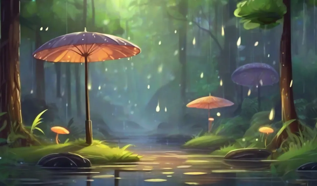 a painting of a forest with mushrooms and umbrellas