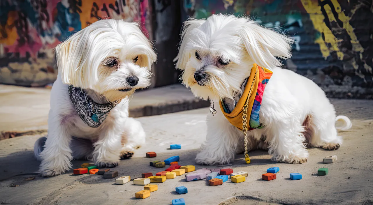 two small white maltichon dogs standing next to each other