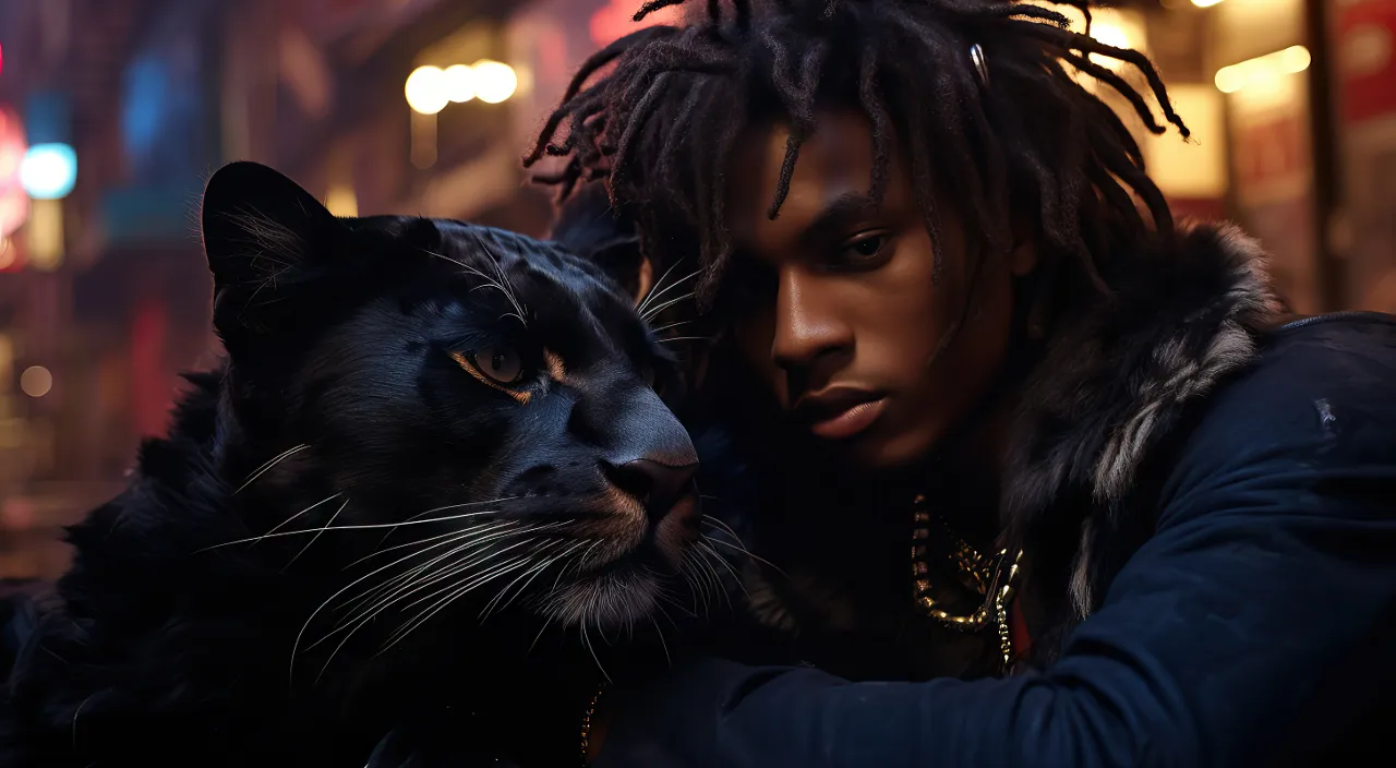 a short skinny black boy with dreadlocks holding a 300lbs black panther