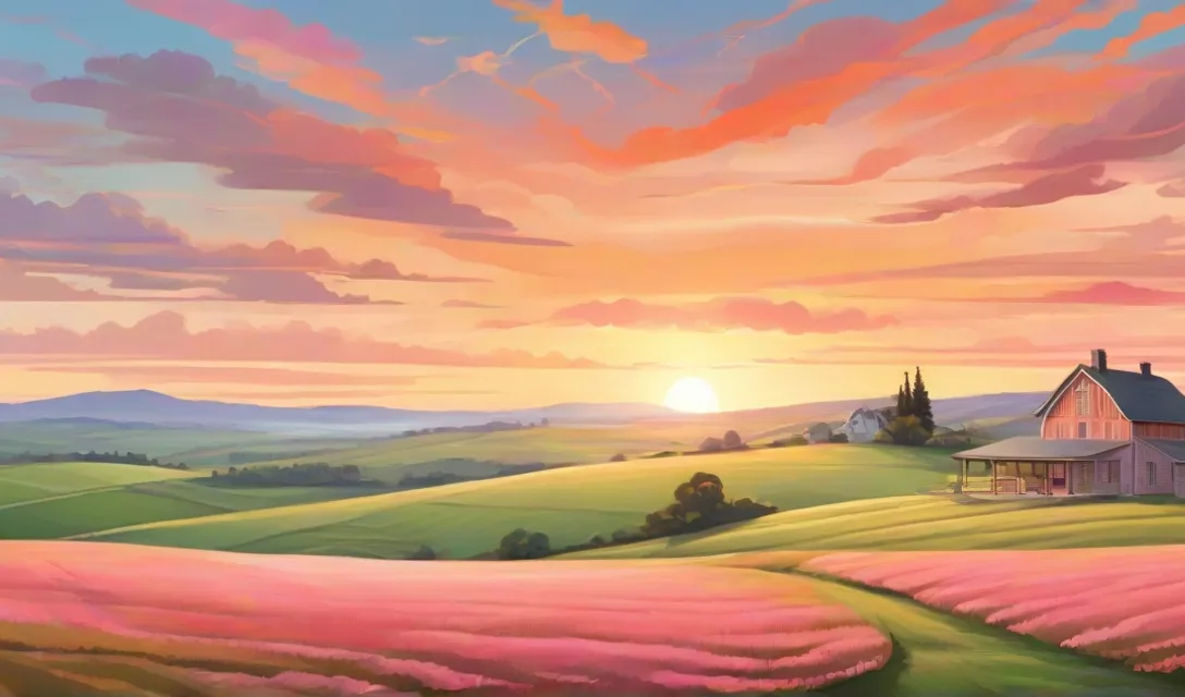 a painting of a sunset over a farm