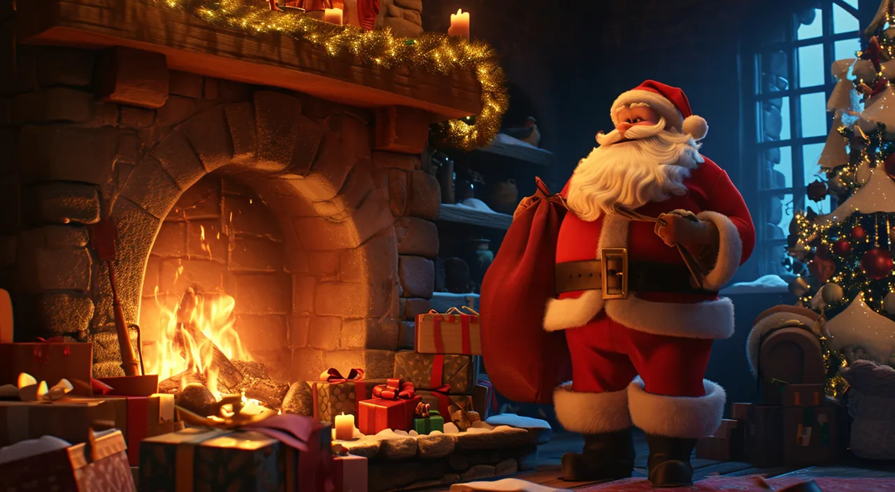 a santa clause standing in front of a fireplace