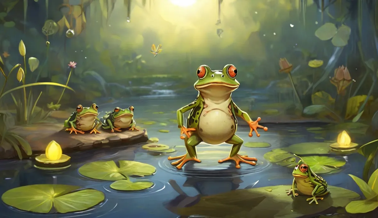 a painting of three frogs in a pond with lily pads