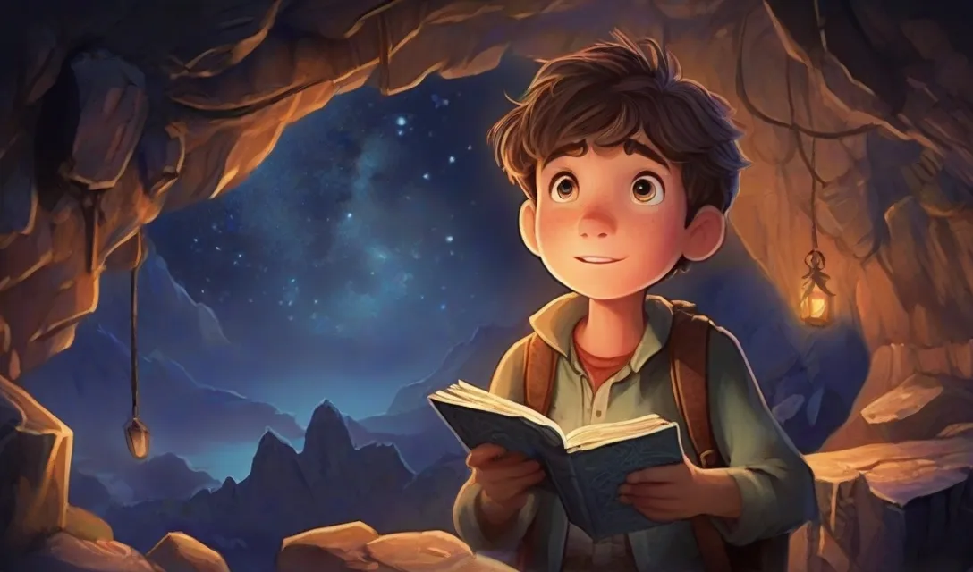 a boy reading a book in a cave