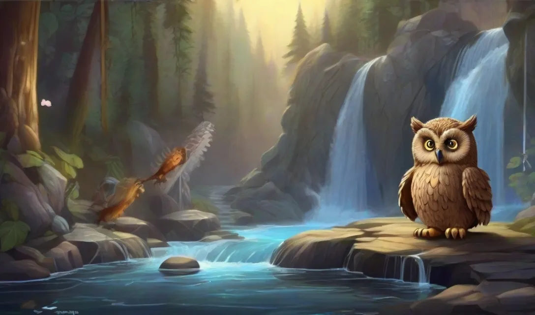 an owl sitting on a rock in front of a waterfall