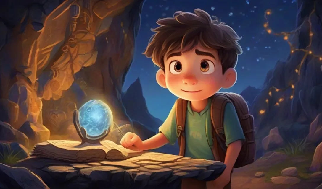 a boy looking at a glowing orb in a cave